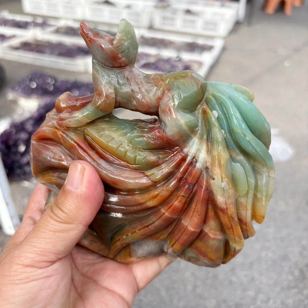 Natural Ocean Jasper Nine‑Tailed Fox Carving Crystal Fox Statue Mythical Beast Altar Home Decor Spiritual Collectible Gift