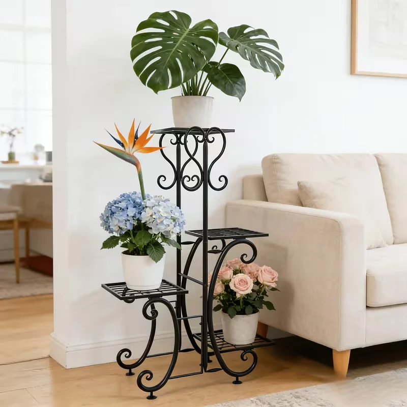 Four-Tier Metal Plant Stand, Indoor/Outdoor Flower Pot Rack, Decorative Wrought Iron Corner Multi-Level Planter Shelf for Garden