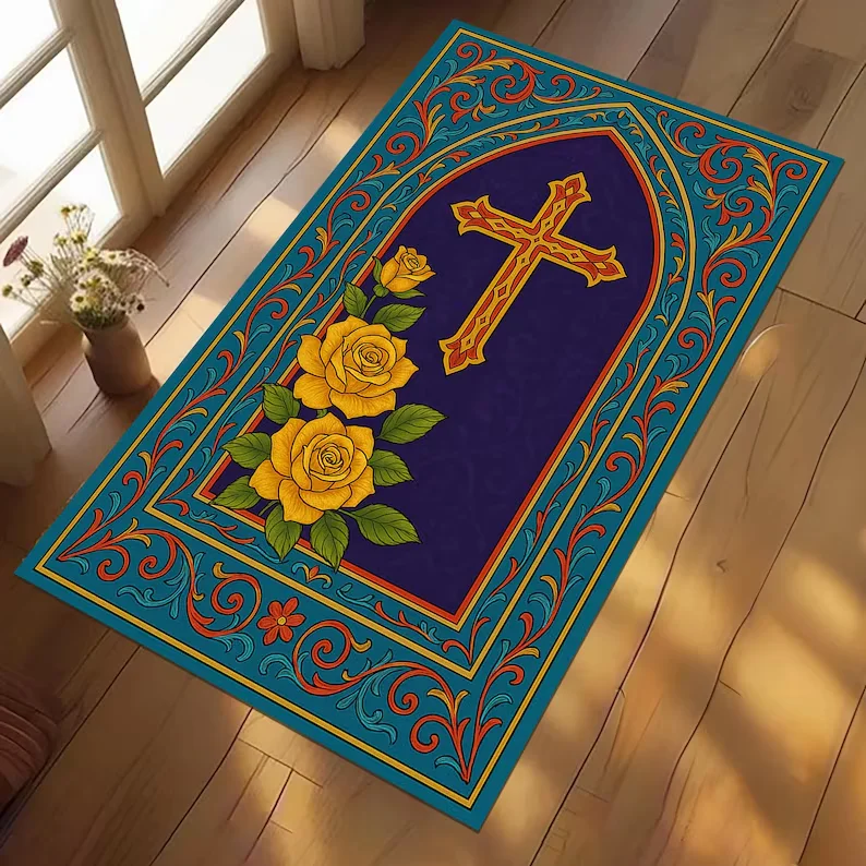 Vintage Church Window Cross Prayer Rug, Warm Brown Christian Home Decor, Non-Slip Religious Mat for Catholic & Orthodox Prayer,