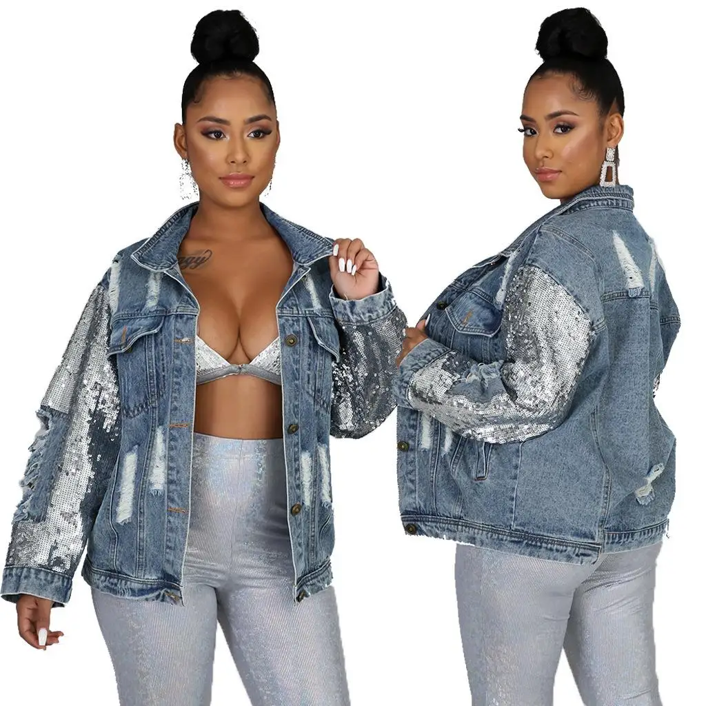 

Women's Sequined Denim Top Sexy Style Loose Fit Long Length Color Pure Fashion Trend Outerwear Short Jacket