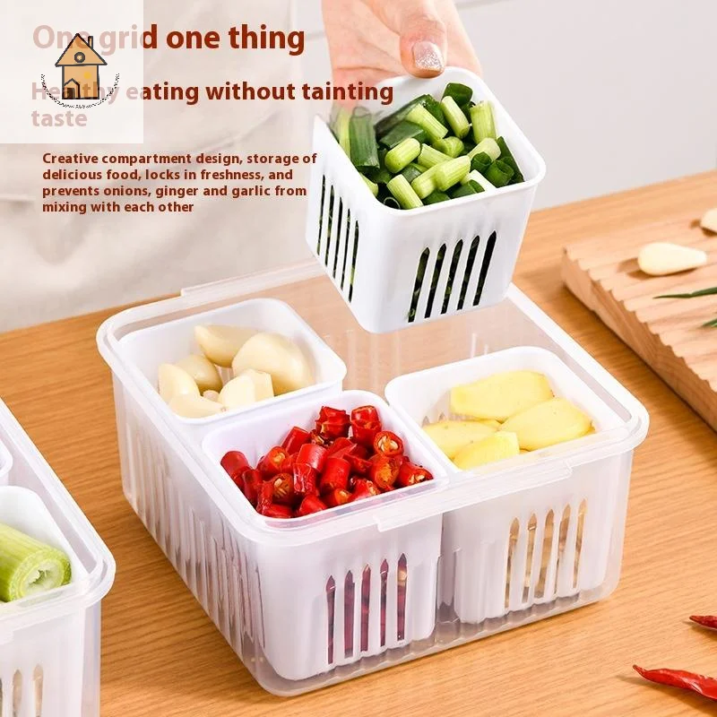 

Refrigerator Storage Box 4 Grid Food Vegetable Fruit Storage Box Fridge Organizer Drain Basket Meat Onion Ginger Clear Crisper