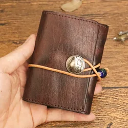 Handmade Genuine Leather Men Card Holder Small Wallets with Hasp Coin Pocket 2023 Vintage Drawstring Design Short Wallet for Men