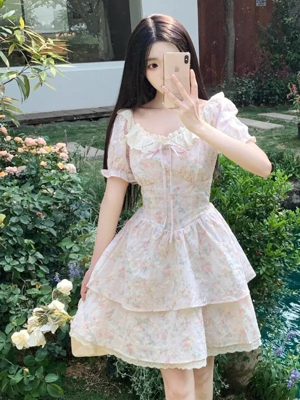 

plus Size Floral Print Midi Dress Women's Summer Slimming Waist Short Sleeve A-Line Cake Skirt High Waist Commute Style Butte...