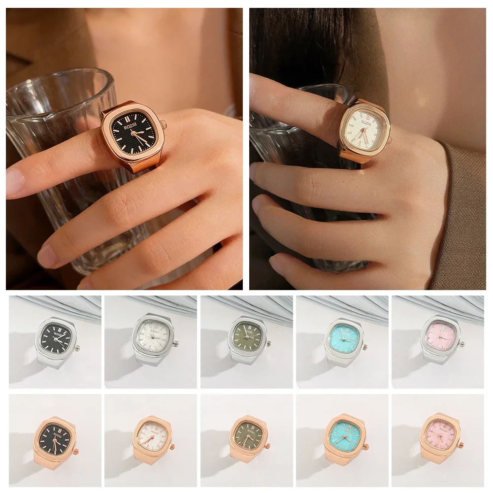 Personalized Punk Square Dial Mini Finger Ring Watch Stainless Steel Alloy Unisex Quartz Finger Jewelry Fashion Accessories Gift