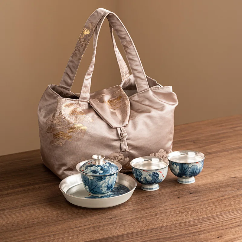 

999 sterling silver porcelain tire ******lver fish play green lotus pattern cover bowl tea cup set household ceramic tea bowl hi