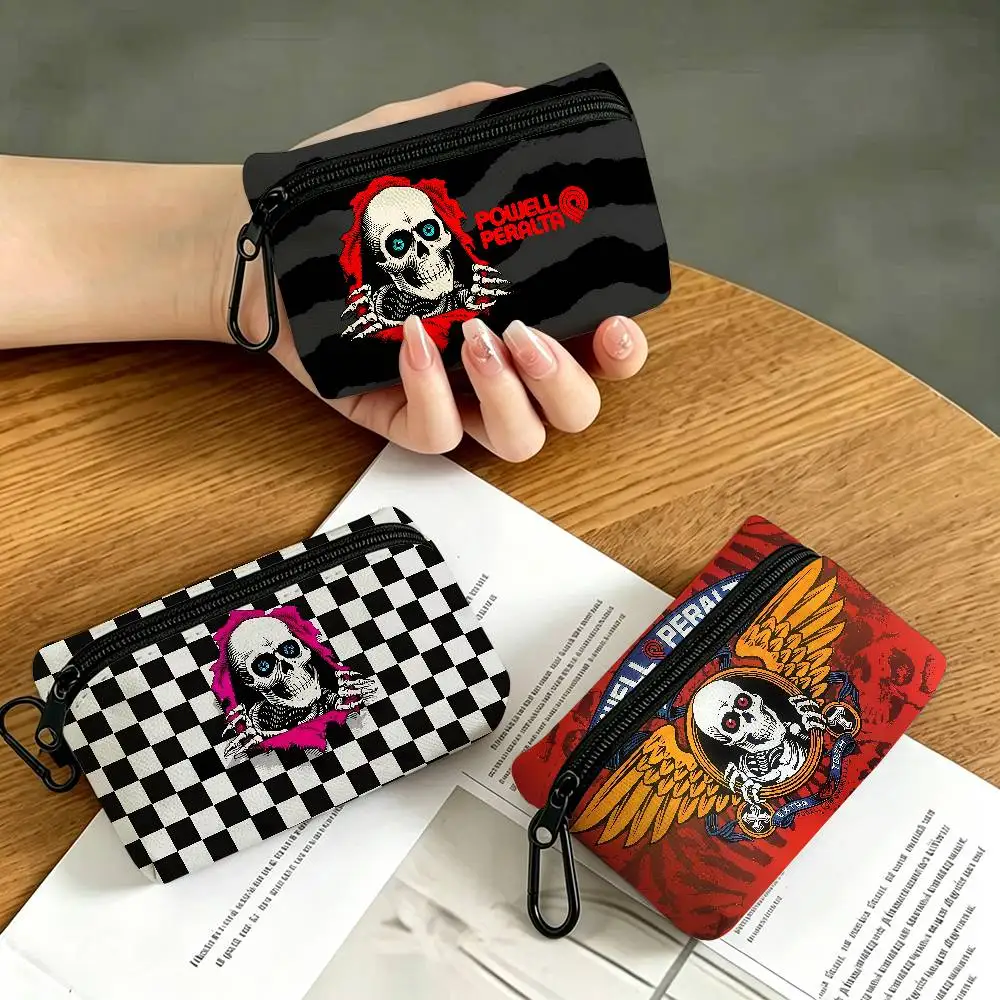 Skateboard P-Powells Wing Skull P-Peraltas Lightweight Oxford Fabric Coin Purse Carabiner Hook Design Card Key Organizer Bag