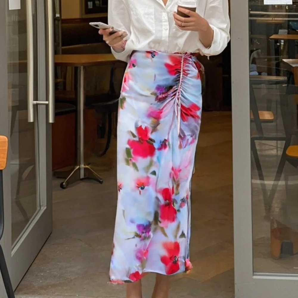 

2025 New Women's Maxi Skirt with Side Drawstring Ruched Design and All - over Floral Pattern for Casual Outfits