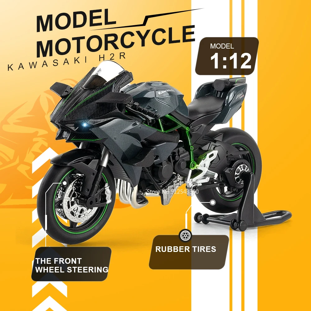 

1:12 Scale Kawasaki H2R S1000RR Car Model Toy Rubber Tires Alloy Body Models Front Wheel Steer Shock Absorption Cars Kids Gifts
