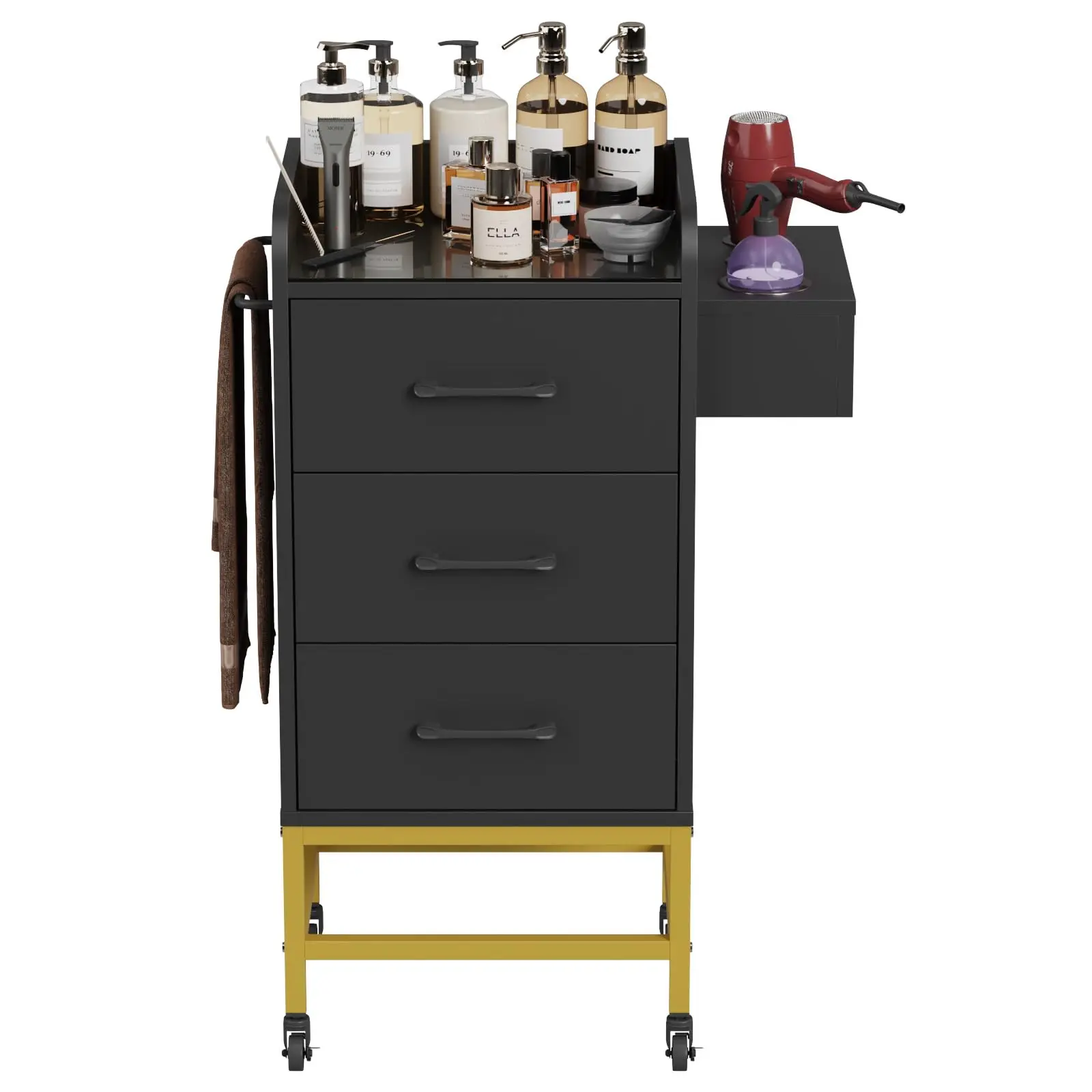 Salon Trolley Cart w/Glass Top, Rolling Barber Station (Black)