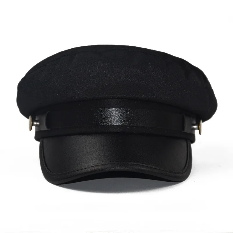 Leather Brim Beret Newsboy Octagonal Cap with Belt Button Men Women Beret Flat Cap Cotton Navy Hats for Women Artist Painter Hat