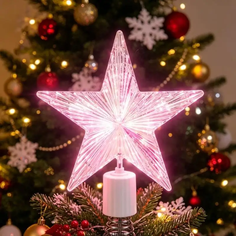 Christmas Tree Star, Lighted Moving Holiday Display Piece with Clear Faceted Plastic and Metal Form for Home Party Retail