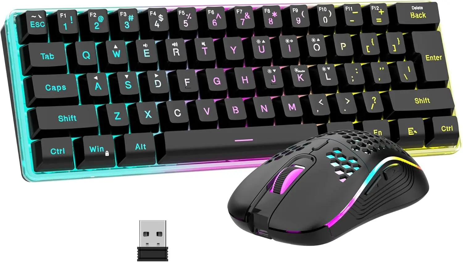 60% Wireless Gaming Keyboard & Mouse Combo, Rechargeable RGB Mechanical Feel, Ergonomic Lightweight for Gaming/Business