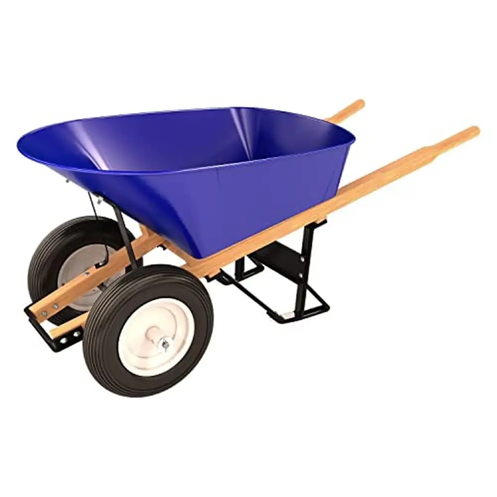 Contractor Grade Steel Double Wheel Wheelbarrow 6 Cubic Feet Tray Capacity USA Made Wood Handle Ribbed Tire Blue DurableBlend