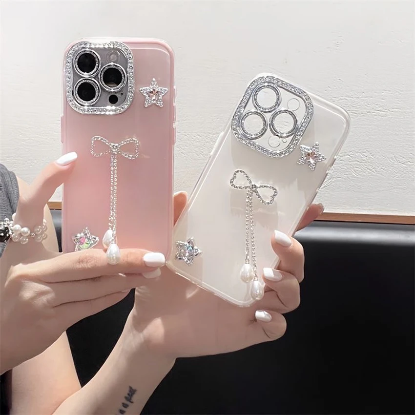 

Lens Film Phone Case For Iphone 17 16 15 14 13 Pro 12 11 Max Plus 16Pro Rhinestone Lens Ring Phone Case Pearl Soft 15Pro Cover