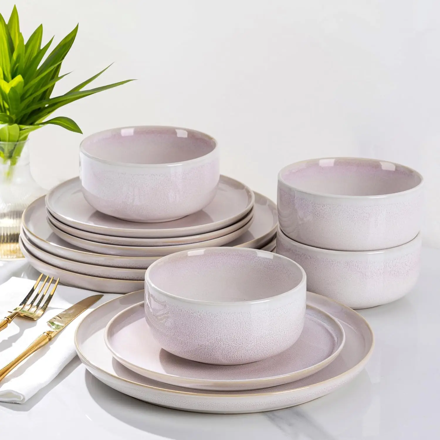 

Ceramic Dinnerware Sets for 4, 12 Pieces Handmade Reactive Glaze Plates and Bowls Set, Scratch Resistant Dish Set, Oven & Microw