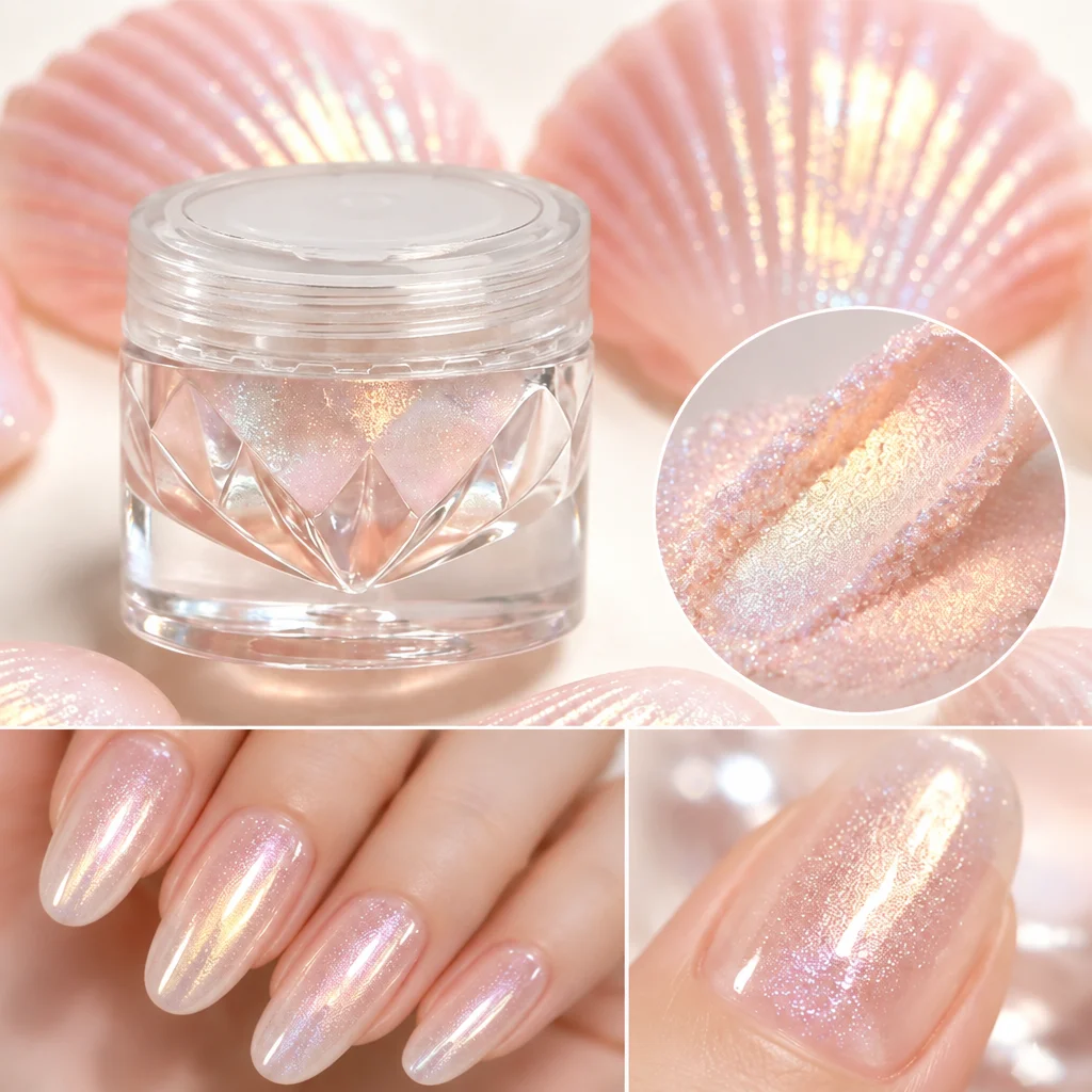1jar Peach-Pink Mermaid Aurora Nail Chrome Powder Iridescent Gilded Pink Nails Rubbing Dust Shimmer Shell Manicure Chrome Powder