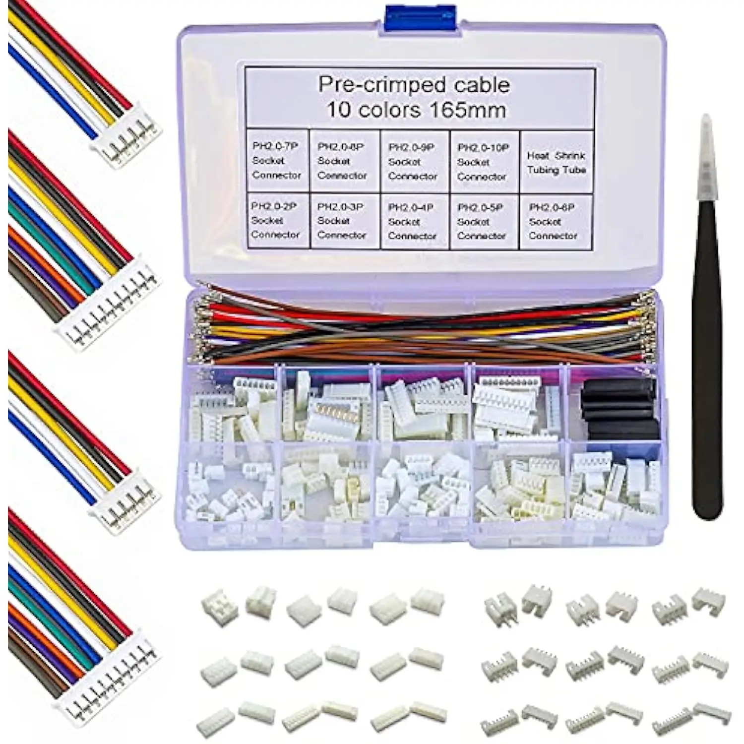 PH 2.0mm JST Connector Socket Kit with Pre-Crimped Cables Wire 2/3/4/5/6/7/8/9/10 Pin Housing 10 Colors 165mm