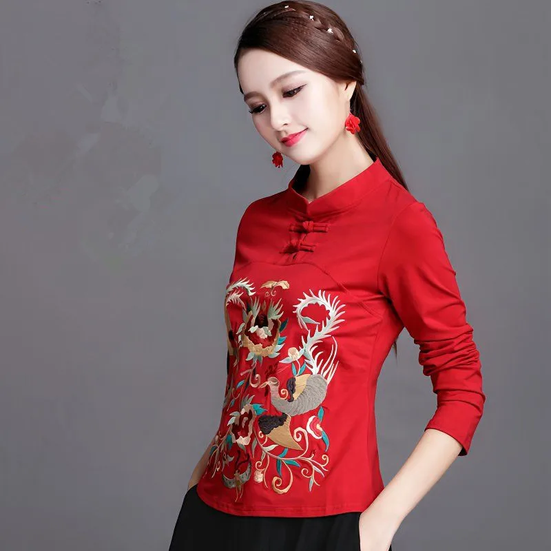 Chinese Style Long Sleeve Embroidered T-shirt 2026 New Woman Spring Autumn Elegant Shirt Blouse Tops Female Casual Base Shirt image 3