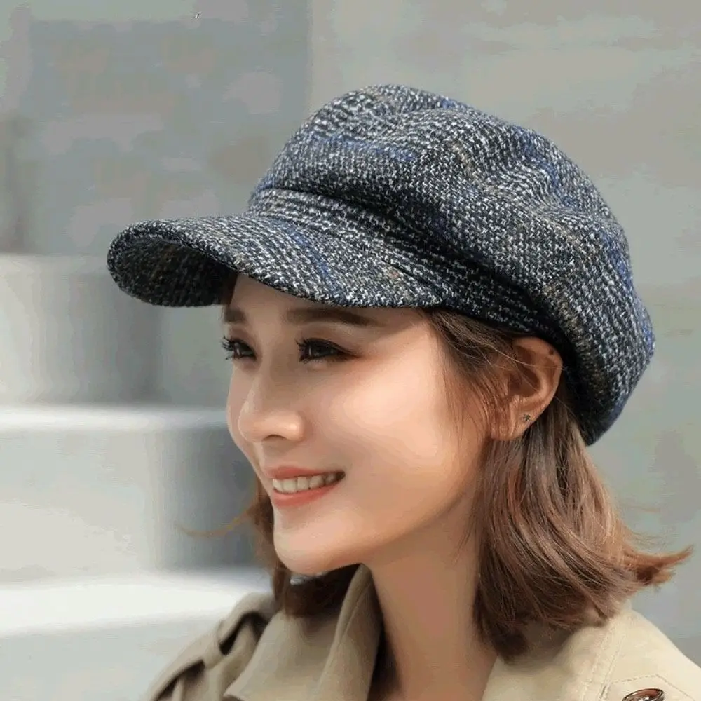 

Fashion Woolen Plaid Octagonal Hat Ear Protection Thick Painter Caps Keep Warm Korean Style Artist Hat Girl