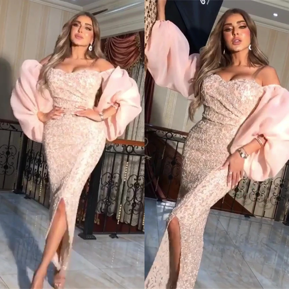 Customized Exquisite Off-the-shoulder Mermaid Anke Length Evening Dresses Sequin Chiffon Formal Occasion Gown فساتين سهره نسائيه