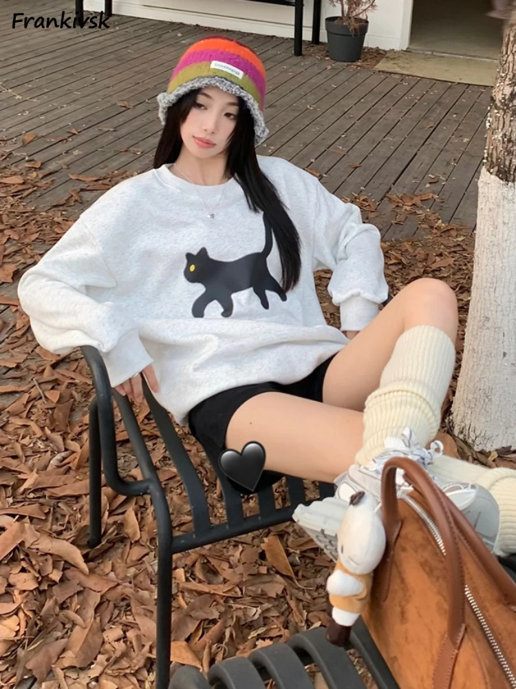 

Autumn Sweatshirts Women Simple Cat Pattern All-match Fashion Long Sleeve American Retro High Street Aesthetic Popular College
