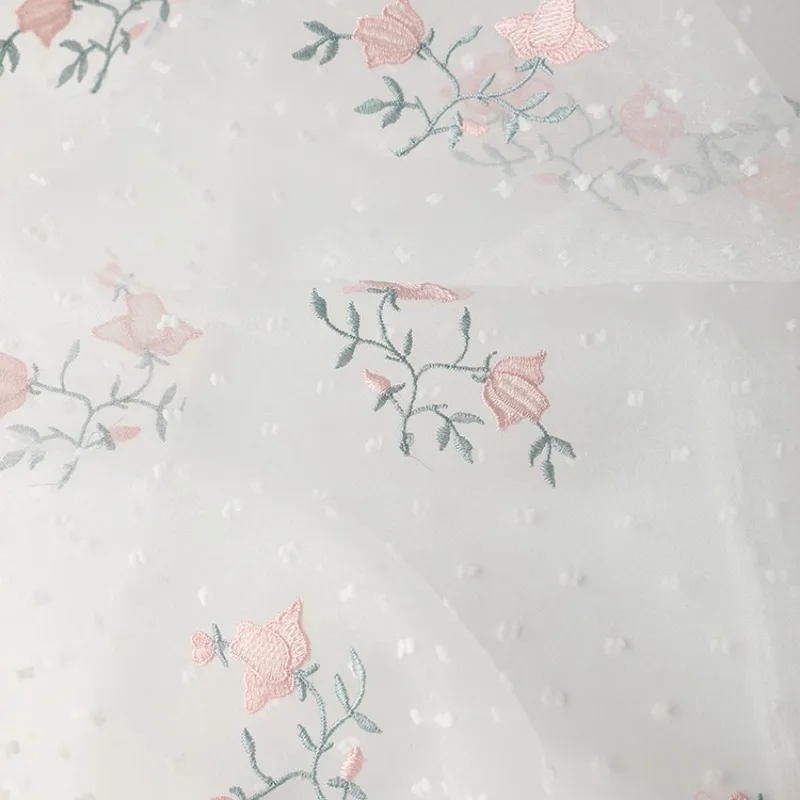 Linglan Flower Embroidery Bubble Dot Yarn Fabric Summer Dress Children's Wear Hairbands Doll Clothing Handmade DIY Fabric