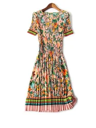 2023 Summer One Line Collar Ruffled Elastic Fashion Print Holiday Swing Dress sexy LOOSE long dress