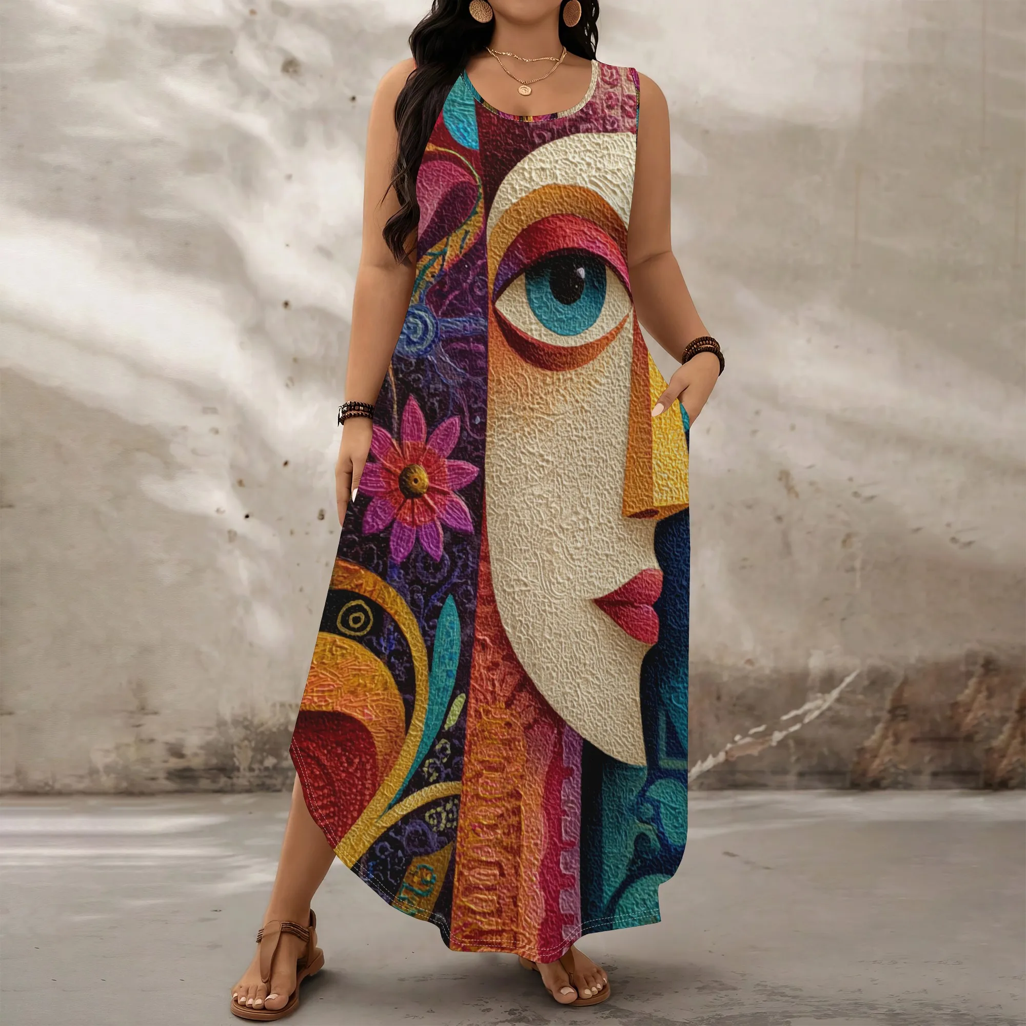 

"Plus Size XL-6XL Sleeveless Maxi Dress with Abstract Face Art Print, Summer Casual Outfit for Festival & Art Party"