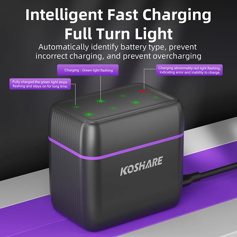 KOSHARE 8 Slots AA&AAA Lithium-ion Rechargeable Batteries LED Smart Charger With1.5V 4255mWh 1100mWh Li-ion Battery Charging Set