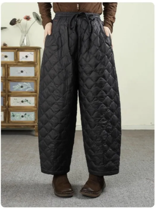 بنطلون قطني مبطن خفيف الوزن بحزام ريترو سروال هارلان عالي الخصر مطاطي دافئ كاجوال فضفاض مناسب لمنتصف العمر...