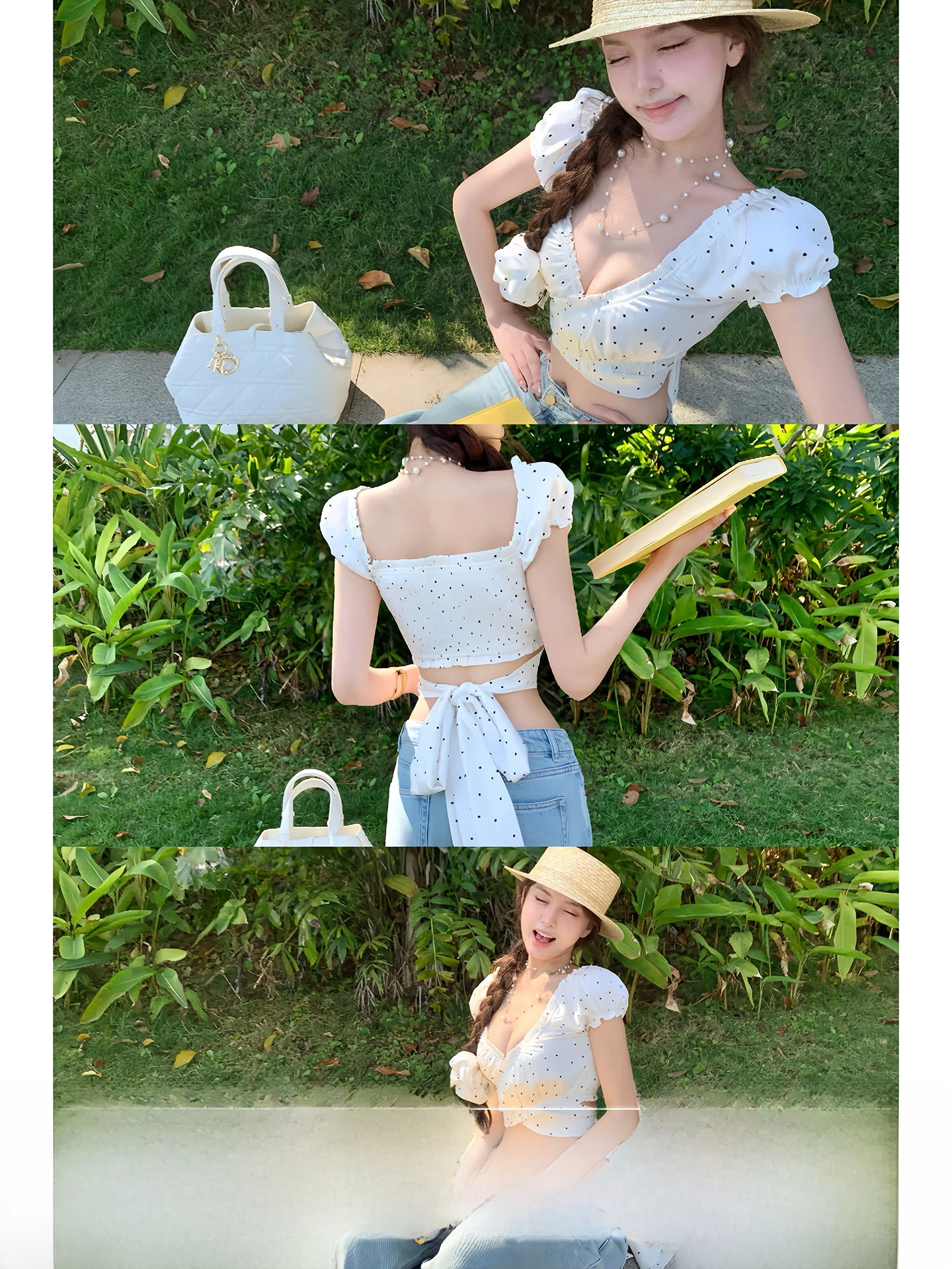 

Женская блузка Pure Desire Sweet Dr Poem Polka Dot Bal Knot с V-образным вырезом и коротким рукавом, для девочек, с коротким рукавом, V-образным вырезом, с пышными рукавами