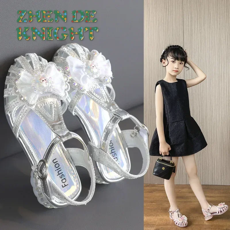 Girls' Sandals 2024 Summer New Soft Sole Closed Toe Shoes for Little Girls Children's Rhinestone Princess Shoes