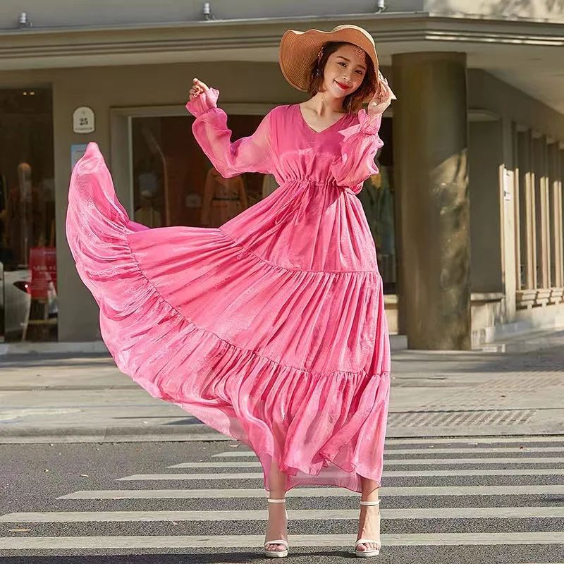 여성 여름 쉬폰 드레스 솔리드 긴팔 보헤미안 비치 드레스 해변 휴가 우아한 라지 스윙 롱 드레스 여성 의류