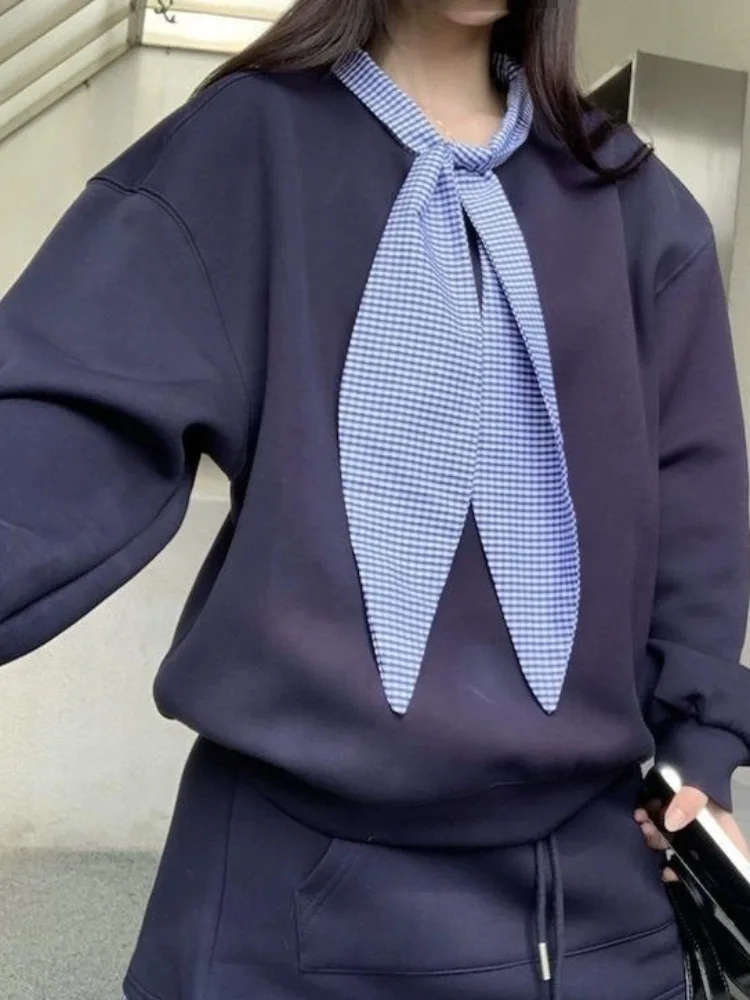 Mode Patchwork 2-delige set Dames Casual Plaid O-hals Lace-Up Conjuntos Trekkoord Hoge taille Korte rok Ensembles