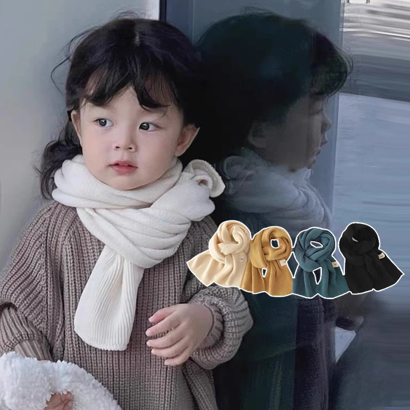  Solid Color Woolen Knit Scarf Winter Warm Children Neck Covers Windproof Anti-Cold Kids Neckerchief Baby Long Scarves 127cm