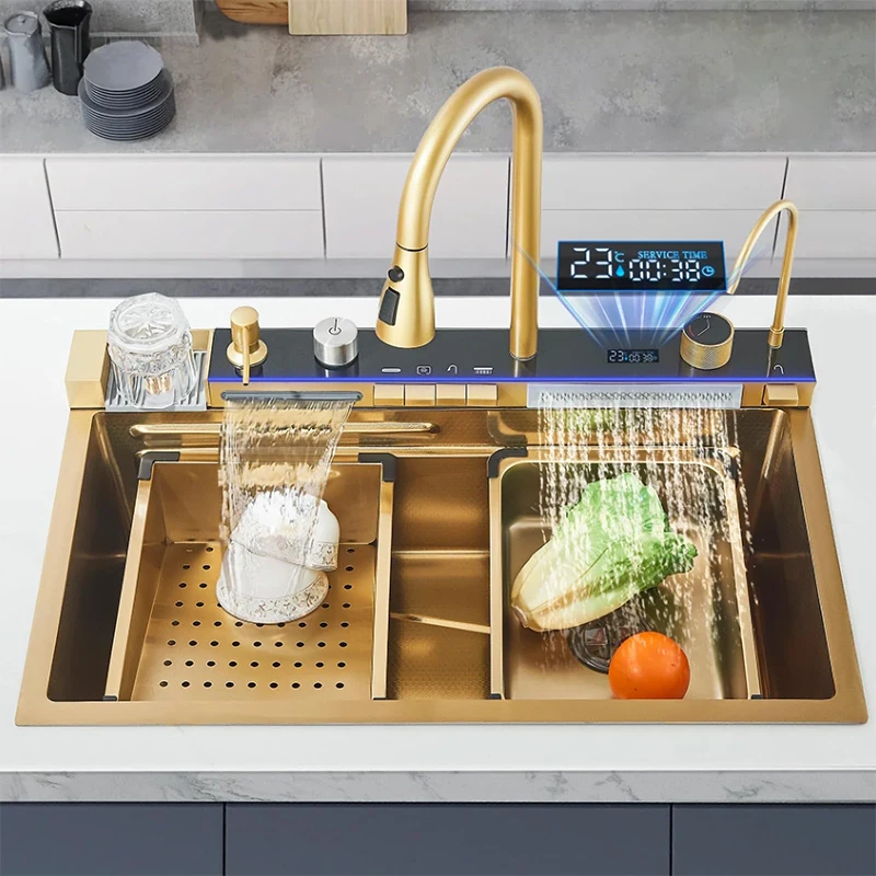 

Luxury Gold Stainless Steel Kitchen Sink New Digital Display Single Bowl Modern Smart Kitchen Sink