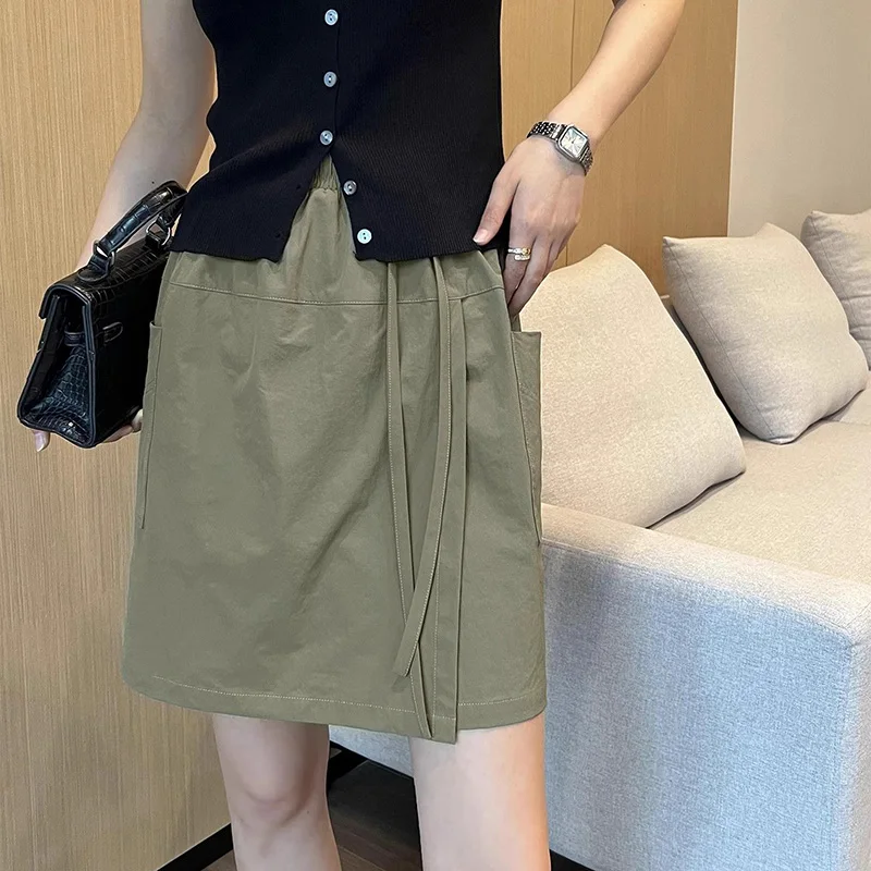 

Summer Lady Classic Wrap Hip Short Skirts Female High Waisted Baggy Green Dress Women Korean Casual Daily Skirts
