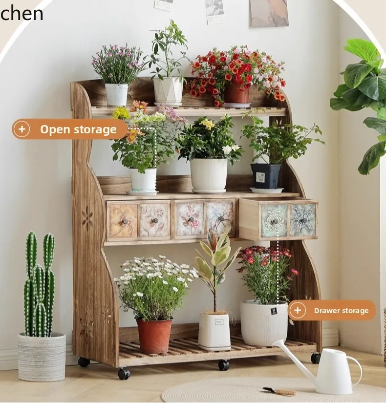 shelf living room floor type with wheels movable solid wood flower pot plant rack