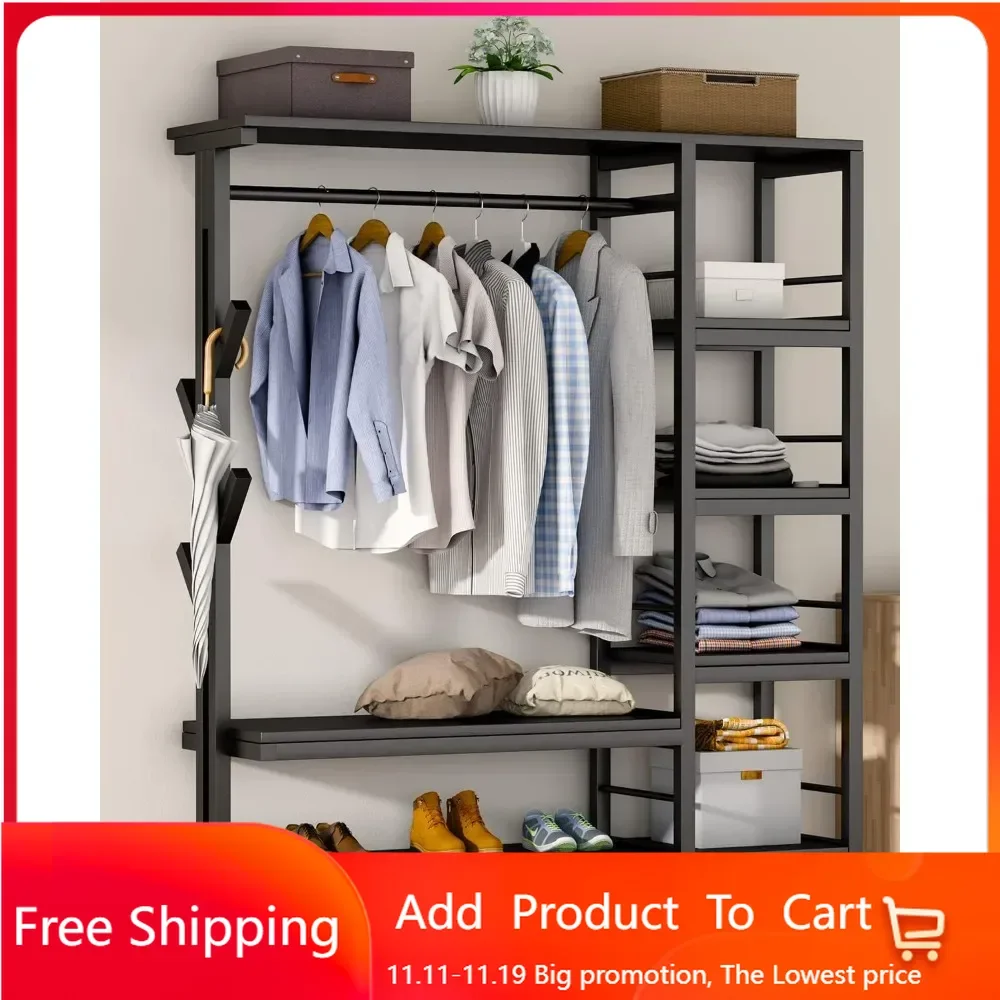 650lbs Capacity Free Standing Closet Organizer with 6 Metal Shelves and Coat Rack Heavy Duty Clothing Rack for Hanging Clothes