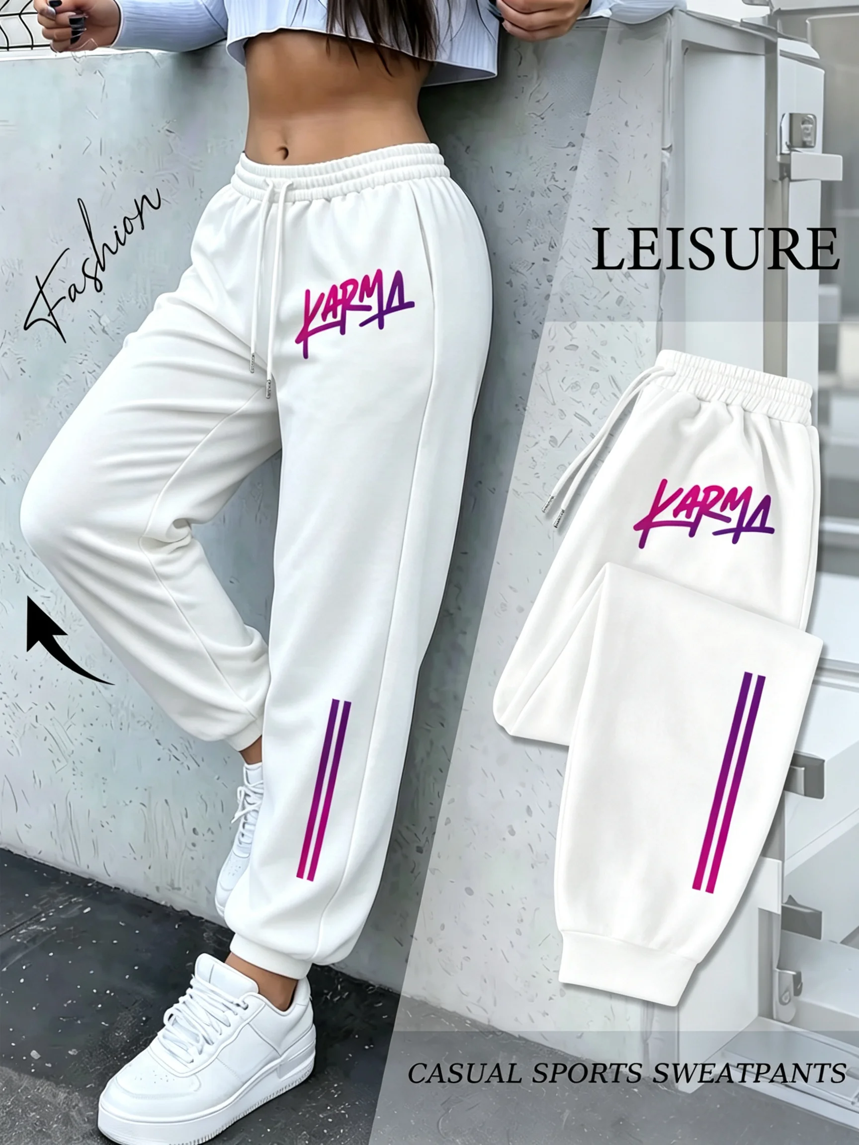 Women High Waist Drawstring Jogger Pants Purple Pink Gradient KARMA Graffiti Letter Double Stripe Print Loose Slim Cool Casual