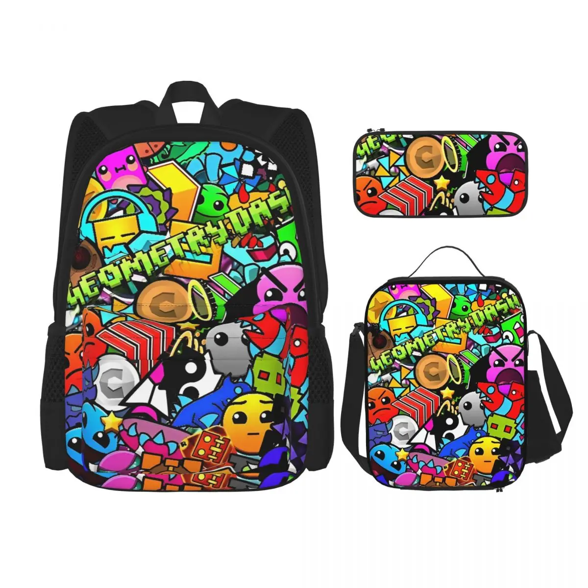 Ideas De GD Geometry Cube Gaming Dash 3pecs/set Backpack for Boys Girls High School Shoulder Bag Lunch bag Pencil Case