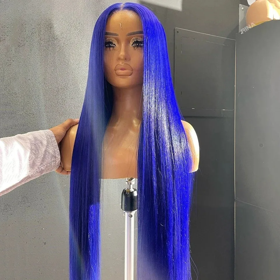 الأزرق الاصطناعية الدانتيل شعر مستعار أمامي 13X4 طويل مستقيم الدانتيل شعر مستعار أمامي قبل قطعها شعري طبيعي الباروكات للمرأة الموضة تأثيري #3