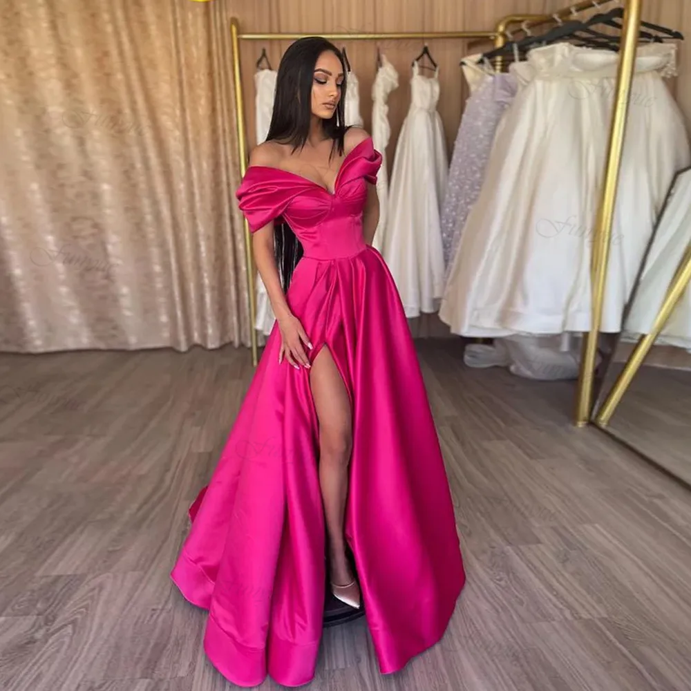 

Off the Shoulder A-Line Prom Dresses Long Pink Satin Formal Evening Gown Sexy Slit Vestido De Festa De Casamento Simple