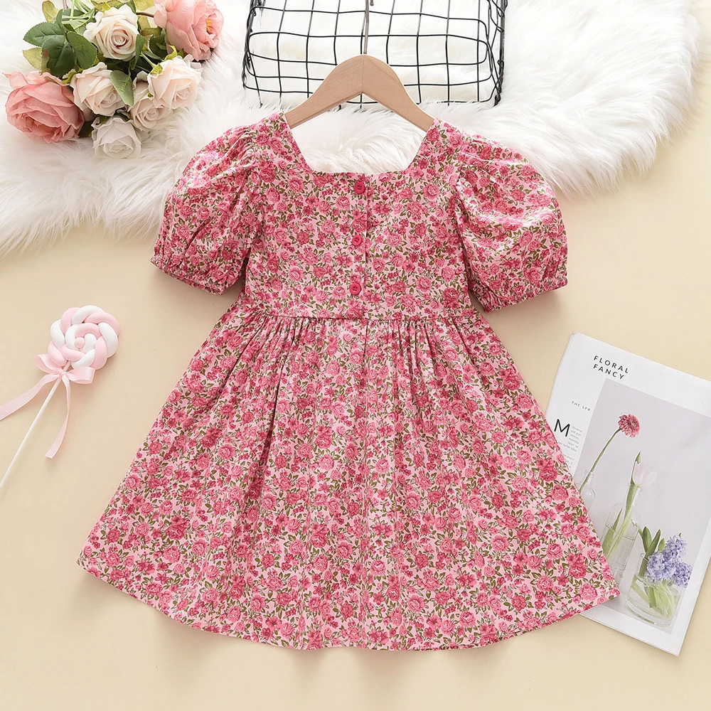 Red Floral Bubble Sleeve Princess Dress Korean Version Sweet and Cute Girl Costume Party Birthday Daily Casual 3-7 Years Old
