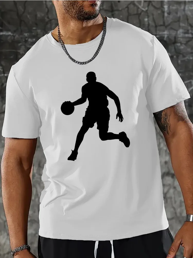 Bright Red Mens Crew Neck Cotton T Shirt Black Dunk Basketball Player Silhouette Minimal Sport Athlete Graphic Short Sleeve Tees