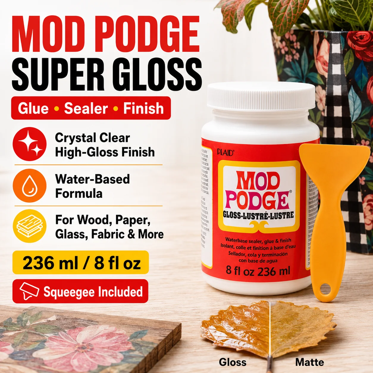 Pegamento Sellador Brillante Mod Podge Original 2oz 4oz 8oz a Base de Agua No Tóxico Fácil de Limpiar Barniz para Manualidades para Madera Papel Tela