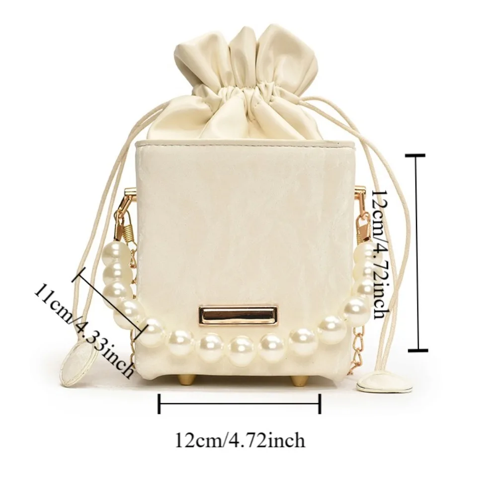 Elegant Pu Leather Women Bucket Bag Square Pearl Drawstring Crossbody Bag Vintage Chain Strap Luxury Shoulder Bag Lady