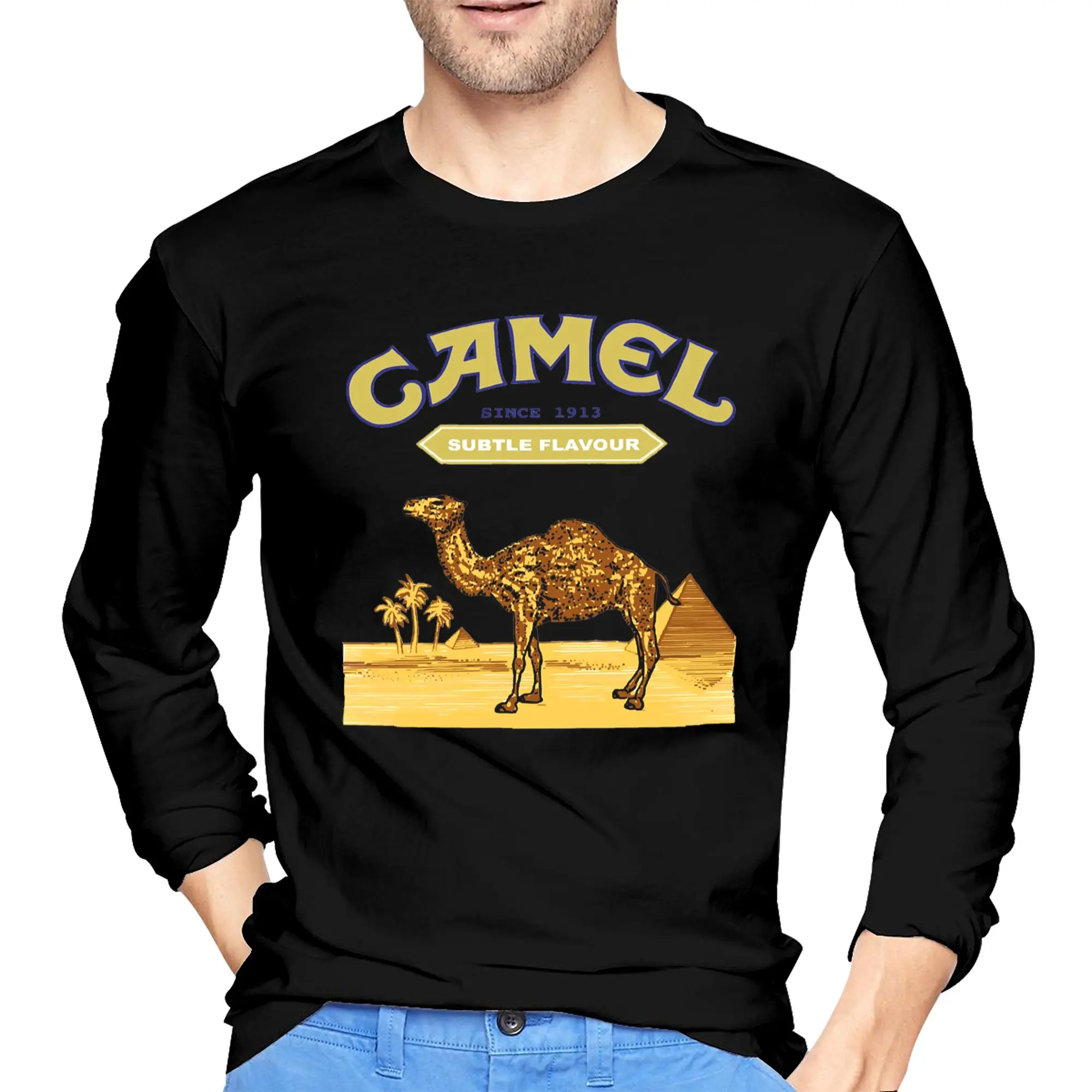 

Мужская футболка с длинными рукавами Camel Cigarettes, модные футболки с круглым вырезом, весенне-осенние мужские топы