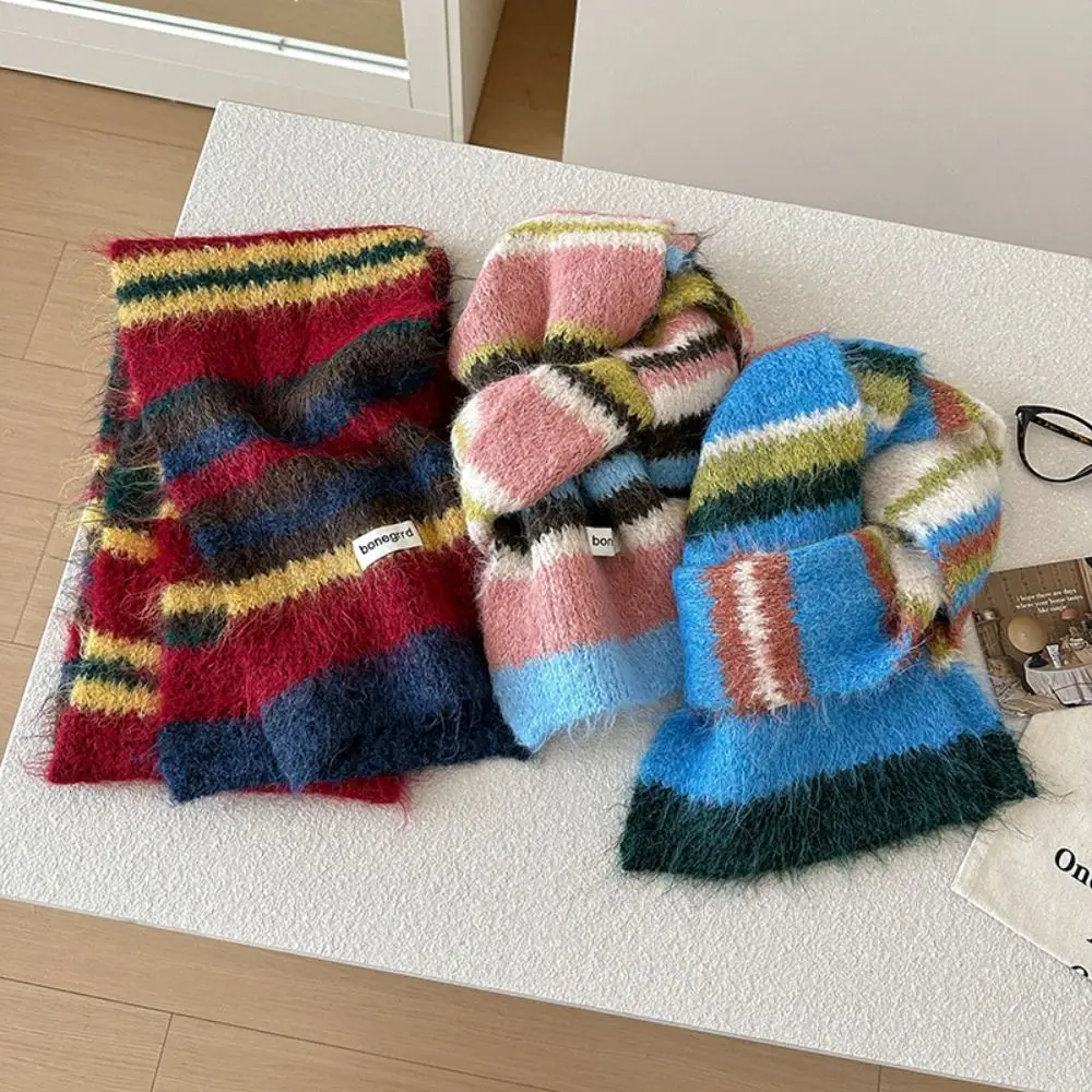 Women Fashion Stripe Woolen Shawl Colorful High End Mongolian Poncho Thermal Thickened Neck Protection Knitted Scarf