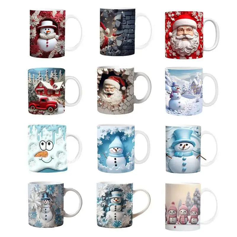 

3D Effect Christmas Ceramic Mug 350ml Coffee Mugs Santa Claus Snowmen Printed Milk Cups Creative Christmas Gifts for Kids Adult